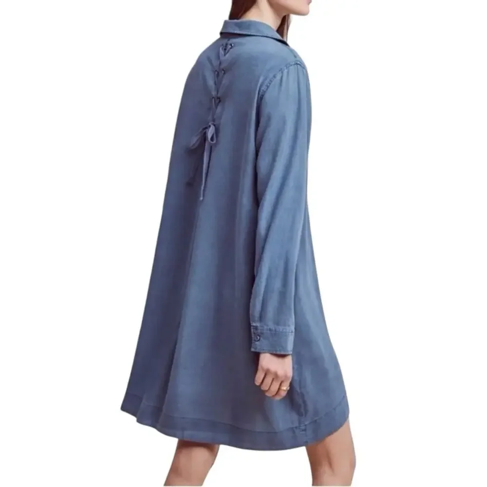 Cloth & Stone Farryn Laced Back Chambray Denim Tencel Shirt Dress Size Medium